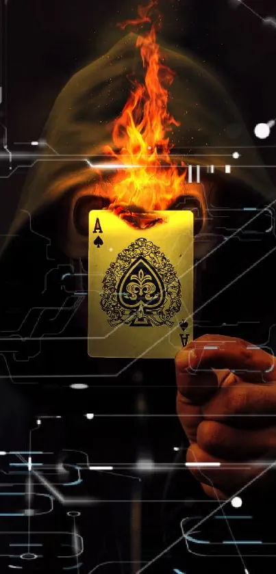 Hooded figure holds a flaming ace of spades card.