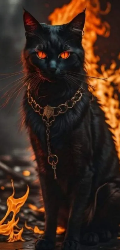 Black cat with glowing eyes and fiery background.