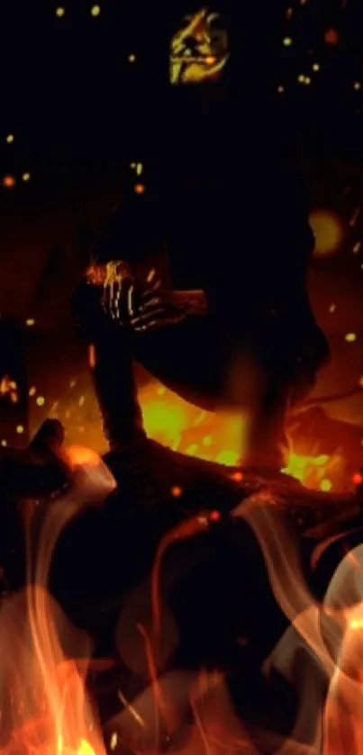 Mysterious figure with a mask amidst glowing flames and darkness.