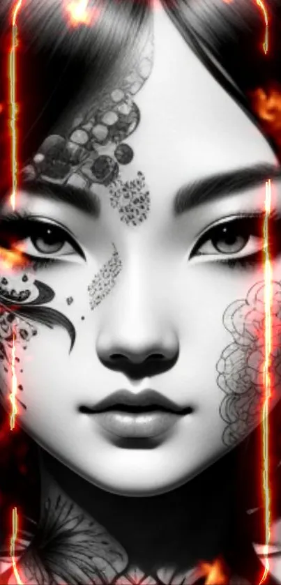 Artistic fiery portrait wallpaper, black and white face with vivid flames.