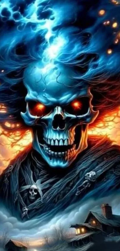 Skull with fiery blue flames as striking mobile wallpaper.