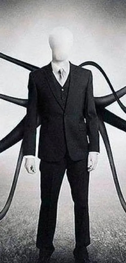 Mysterious faceless figure in a dark suit with surreal black tendrils.