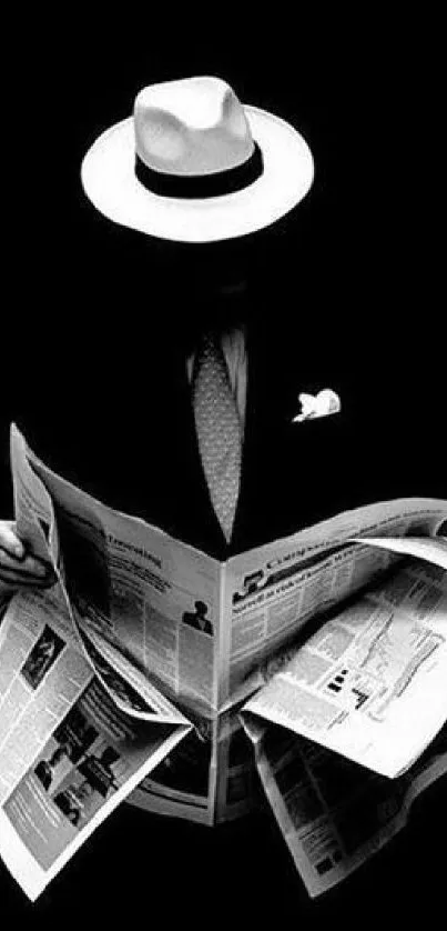 Mysterious figure in hat reading a newspaper in black and white noir style.