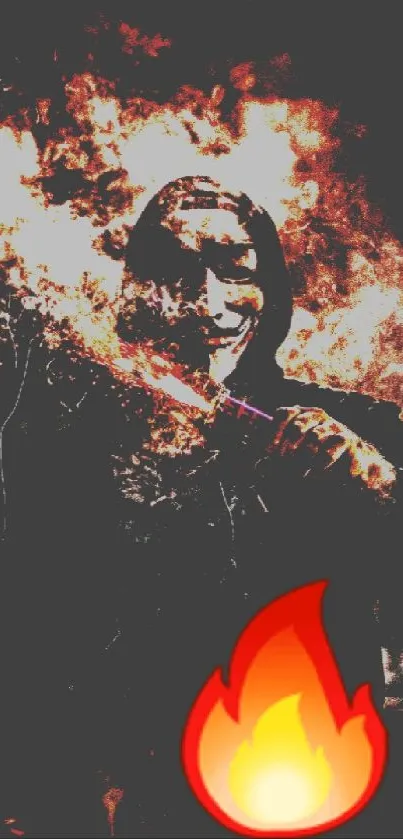 Dark wallpaper featuring a hooded figure surrounded by fire.
