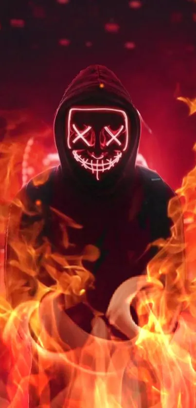 Hooded figure with glowing mask in flames on a red background.