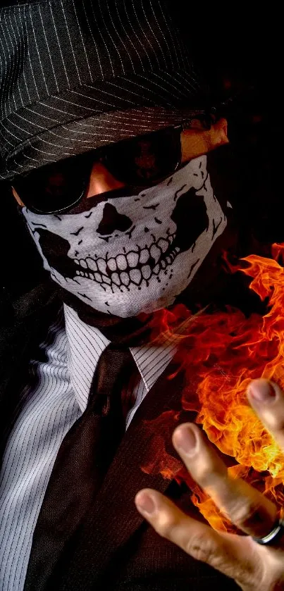 Masked figure with a flaming hand on black background.