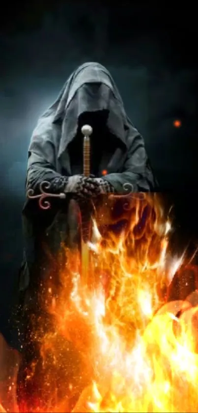 Dark warrior shrouded in flames with a hooded cloak and sword.