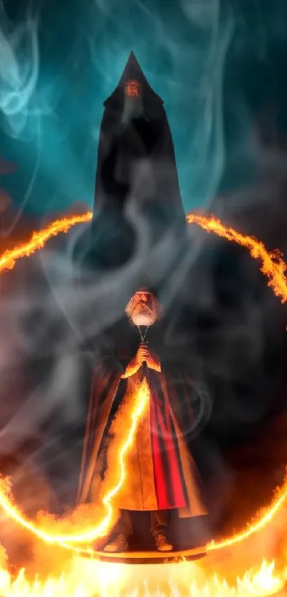 Dark wizard encircled by a magical ring of fire.