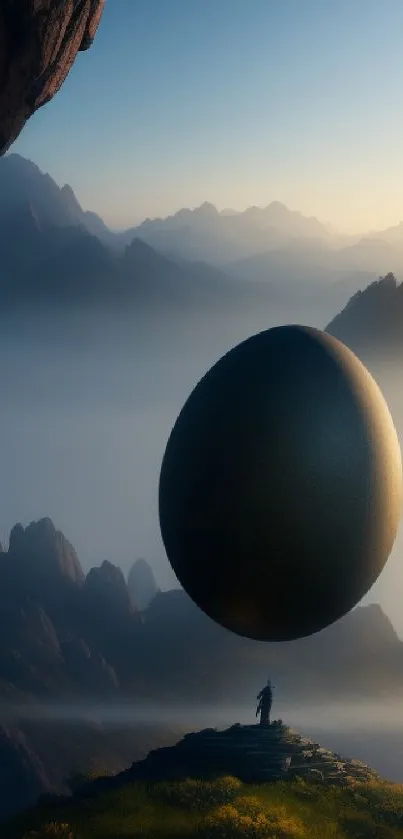 Mysterious floating egg over serene mountain landscape at dawn.