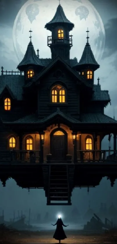 A mystical dark mansion floats under a bright moon in an eerie night setting.