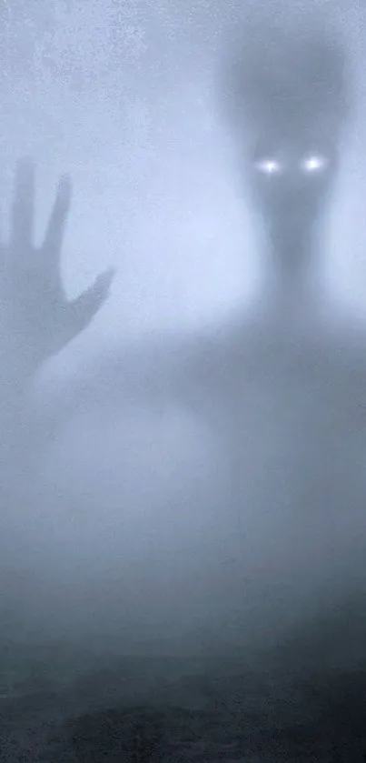 Mysterious foggy silhouette with glowing eyes on a grey background.