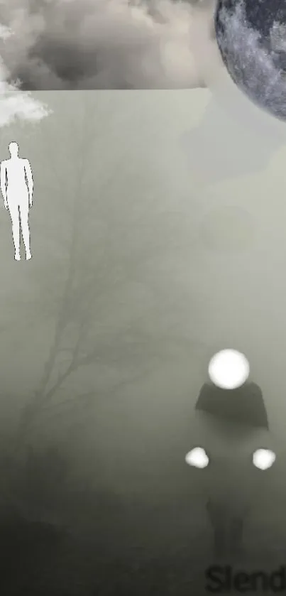 Eerie foggy mobile wallpaper with shadowy figure and haunting moon.