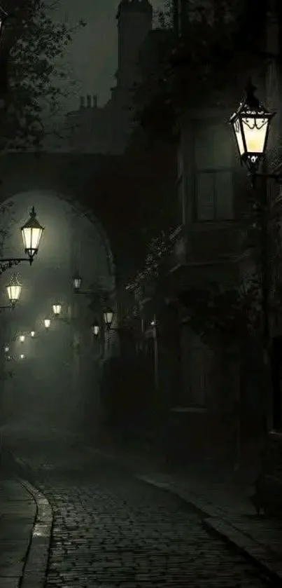 Foggy street with vintage lamps and cobblestones at night, creating a mysterious mood.