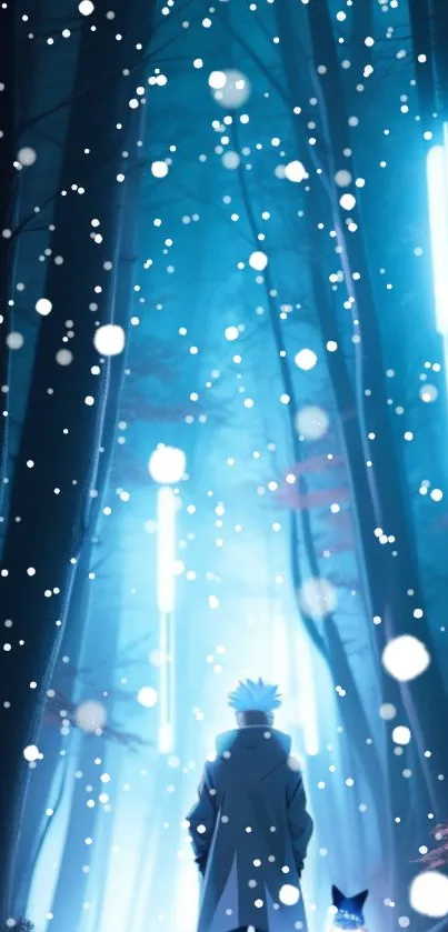 Anime scene with a snowy forest and glowing blue lights.