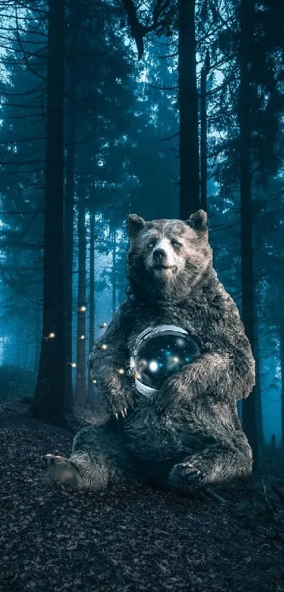 A bear holding a glowing orb in a mysterious, dark teal forest.