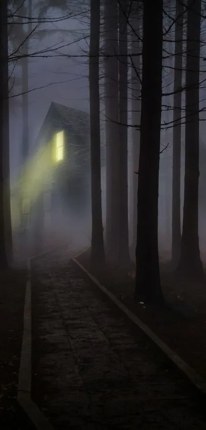 Mysterious cabin in foggy forest with a glowing light.