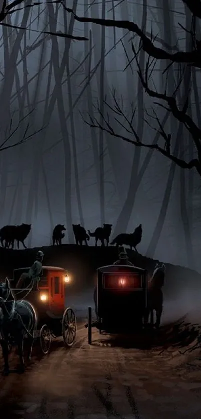 Mysterious carriage in dark, misty forest at night.