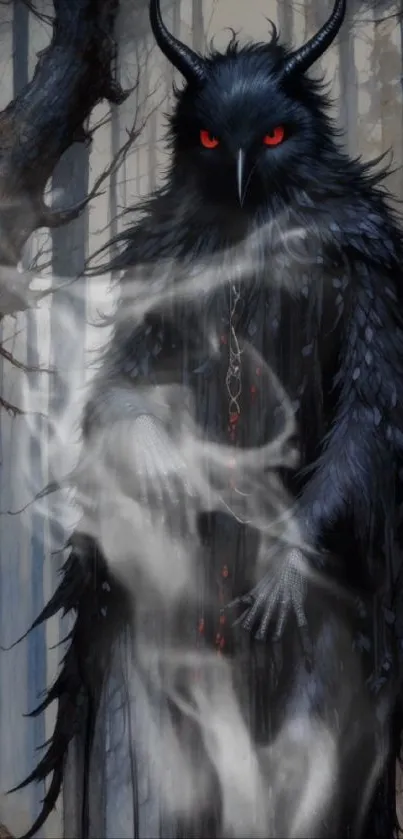 Dark forest creature with glowing red eyes and smoky aura.