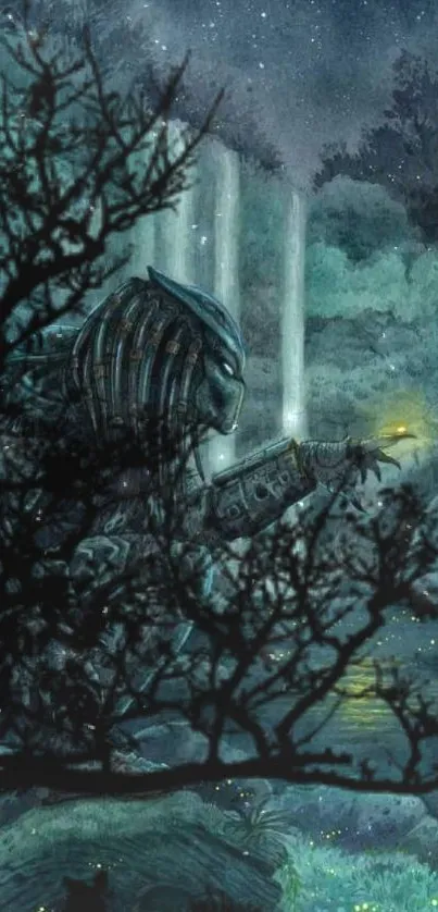 Mysterious creature in a dark, misty forest setting with glowing details.