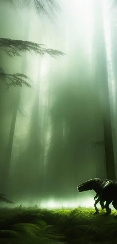 Mystical forest with a dinosaur in soft green lighting.