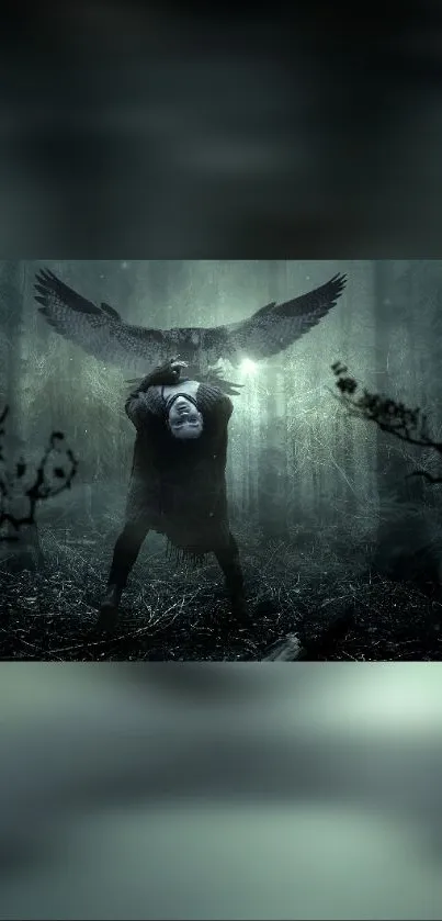 Mysterious figure with wings in a dark forest fantasy art.