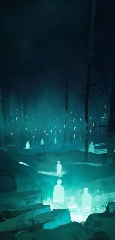 Ethereal glowing figures in a dark forest with teal light.