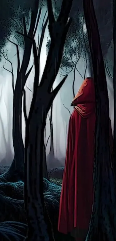 Hooded figure in a mysterious, dark forest with silhouetted trees.