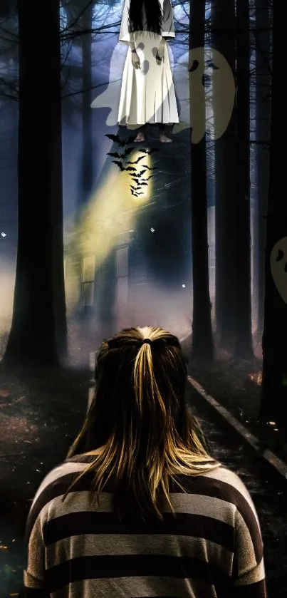 A person viewing a mysterious forest house at night with eerie lighting.