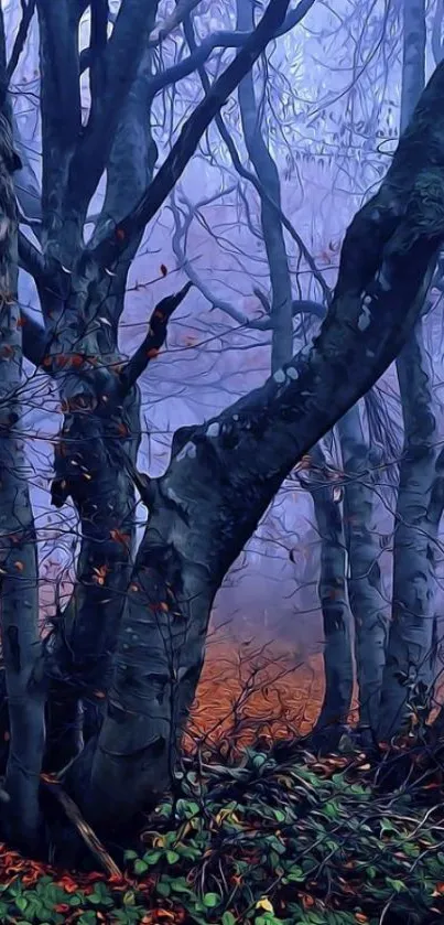 Foggy forest with deep blue trees and green foliage.