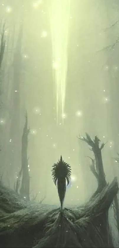 Mysterious forest scene with light rays and silhouette on a phone wallpaper.