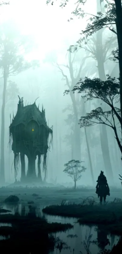 Mysterious forest with misty trees and an eerie treehouse.