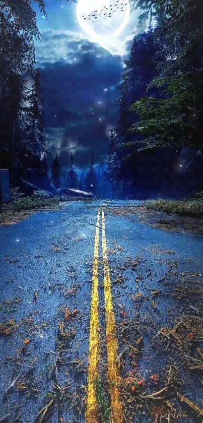 Moonlit forest road with a dark, starry sky.