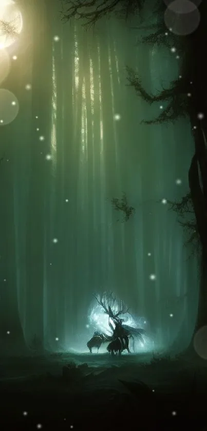 Mysterious forest night scene with moonlight and shadowy trees.