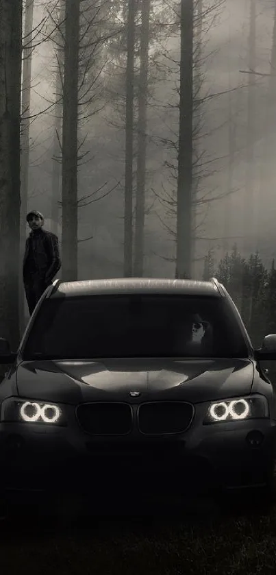 Dark forest setting with car headlights illuminating silhouetted figures at night.