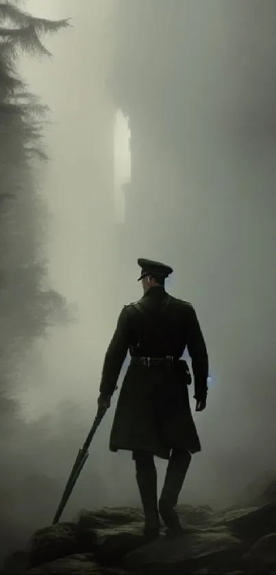 Silhouetted officer walking through a misty forest path.