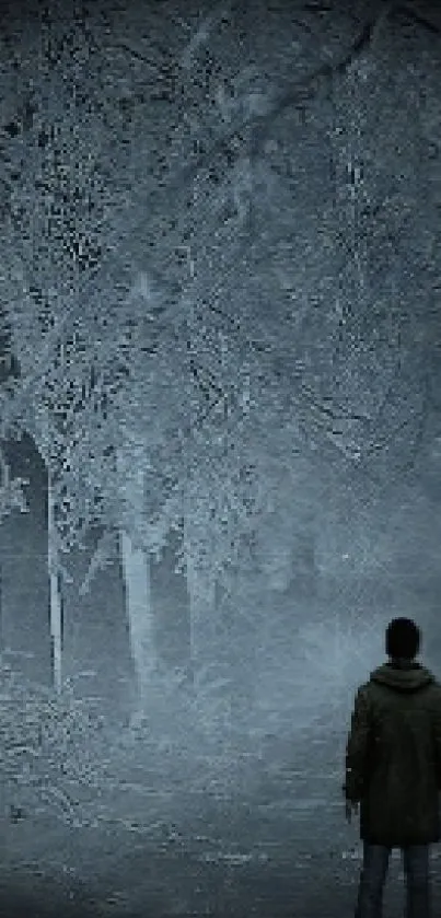 Person standing in a misty, mysterious forest with dark trees.