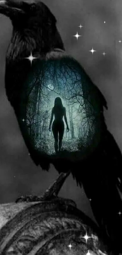 Mystical raven with forest scene in silhouette on its body.