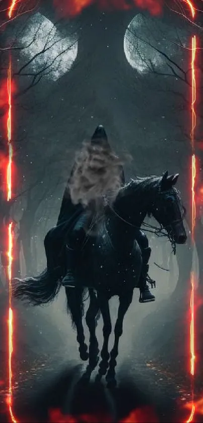 Hooded rider on horseback in a moonlit forest.