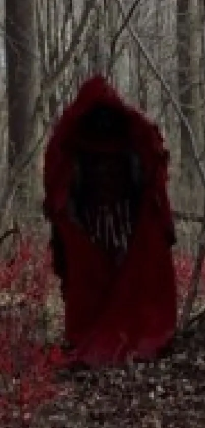 Mysterious red-cloaked figure in a forest setting.