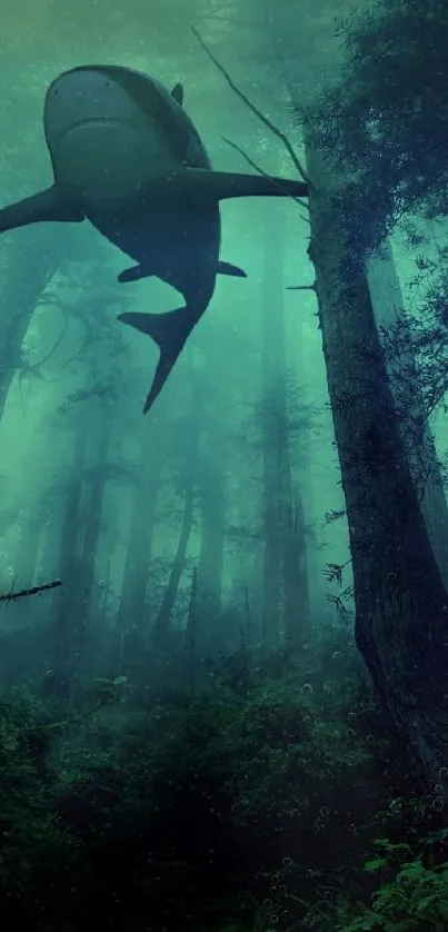 A surreal scene with a shark swimming through a mysterious forest setting.