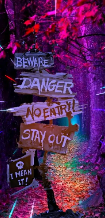 Eerie forest path with warning signs and purple color scheme.