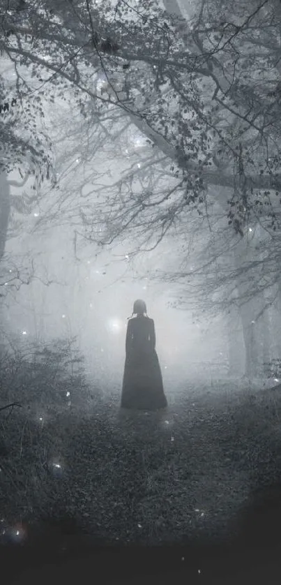 Dark silhouette in a foggy forest, creating a mysterious atmosphere.