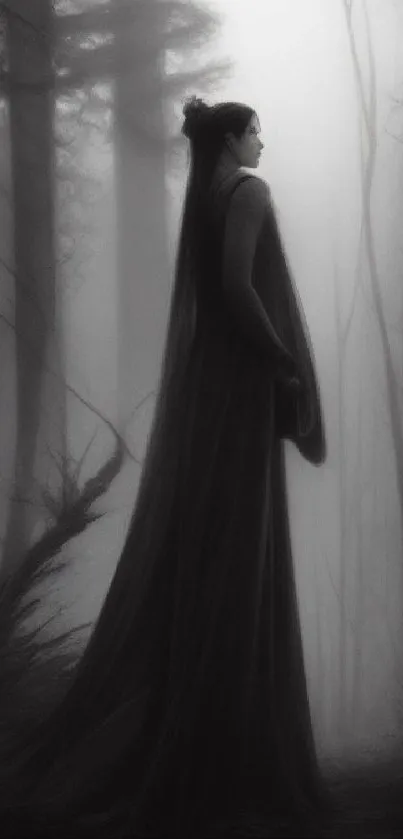 Elegant silhouette in a misty forest setting, creating a mysterious atmosphere.