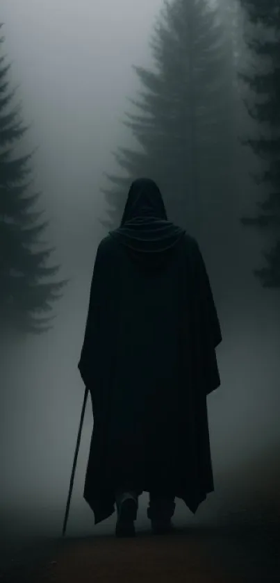 Cloaked figure walking in a misty dark forest, evoking mystery and enigma.