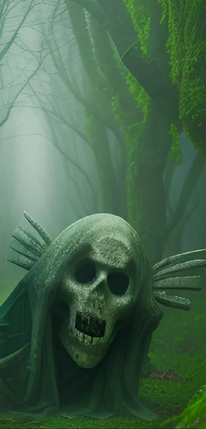 Skull in a misty green forest wallpaper.