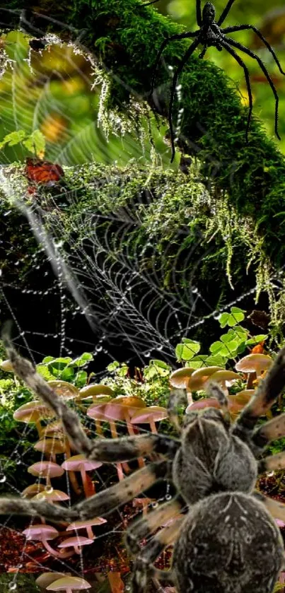 Forest spiders and webs among greenery.