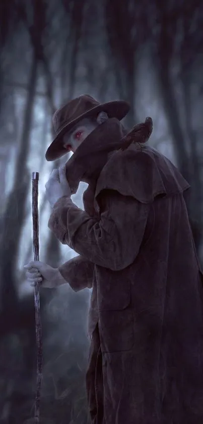Person in dark forest with hat and cane, creating a mysterious atmosphere.