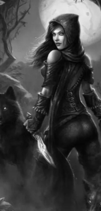 Hooded warrior in moonlit forest with wolves.