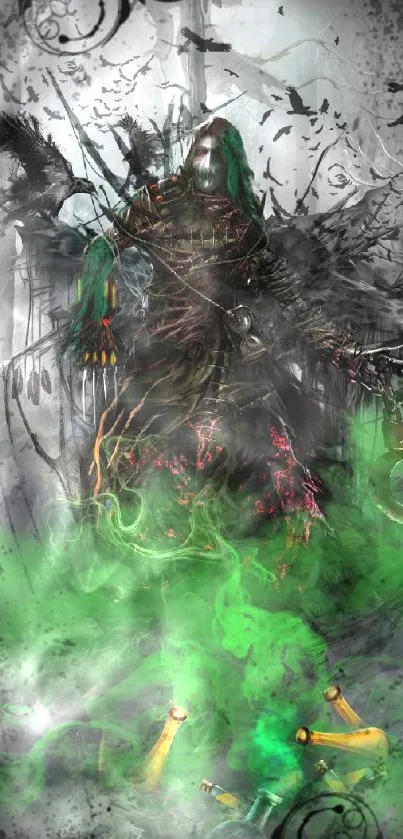 Dark fantasy warrior in a misty forest with green and black hues.