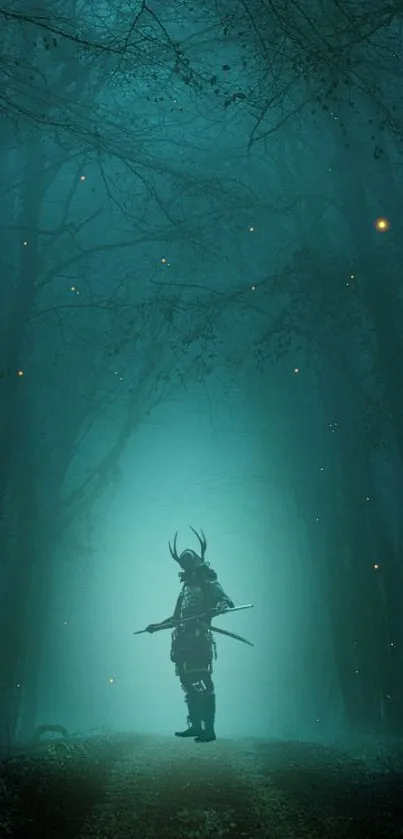 Silhouette of a mysterious warrior in a glowing teal forest.